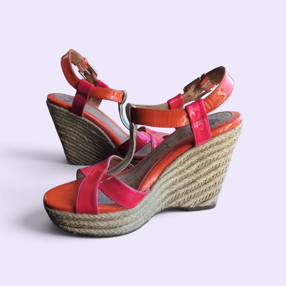 Sofft Espadrille Wedge Sandals Womens 8M Orange Pink Patent Leather T-Strap